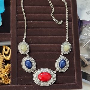 Vintage Southwestern Style Statement Necklace • Red Blue Yellow Cabochons • Silv